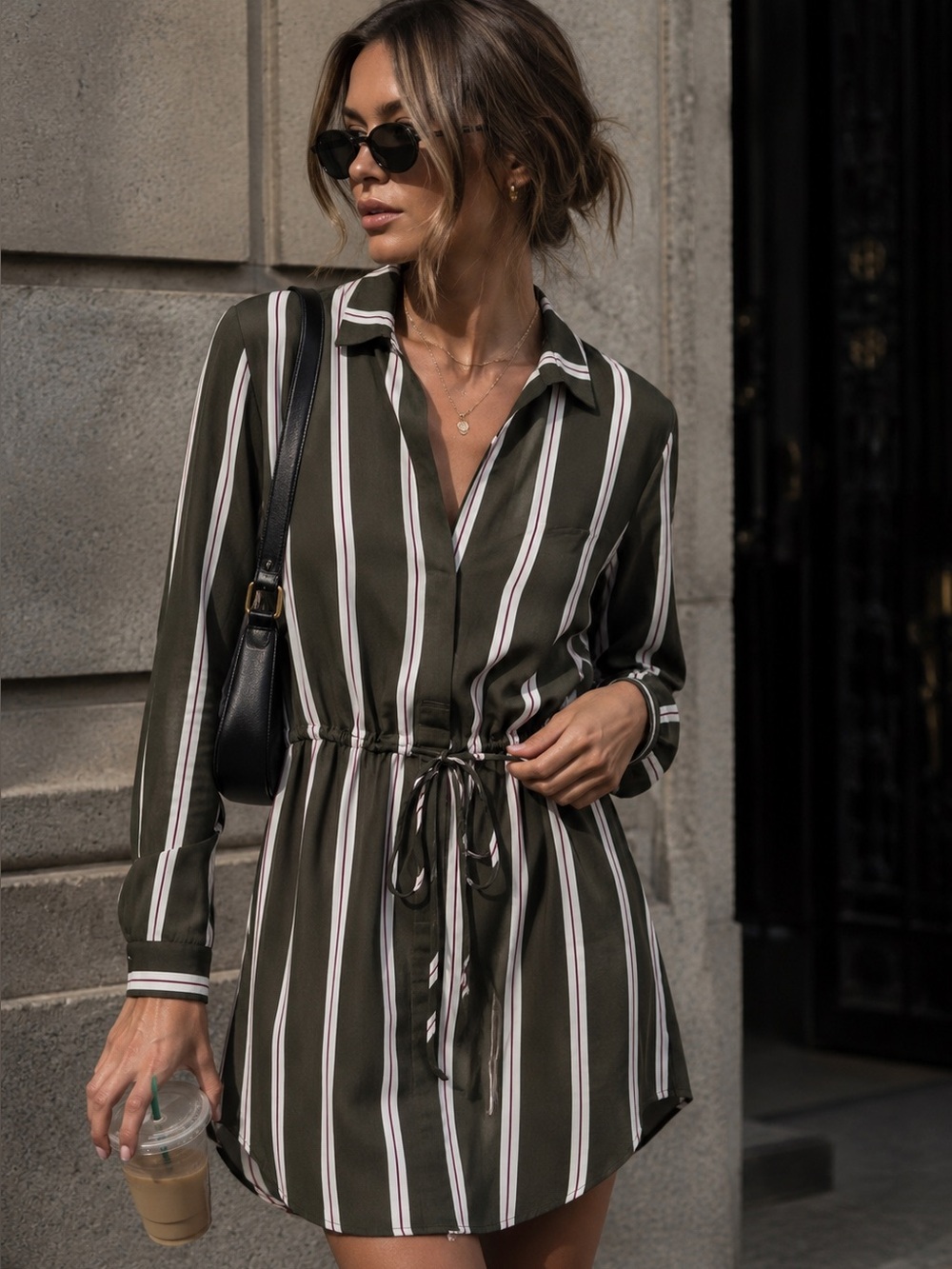Lush Payton Satin Shirt Dress Olive Stripe XS
